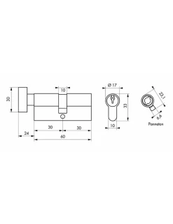Cylindre de serrure à bouton Ecopro, 30x30mm, aluminium, anti-arrachement, 3 clés, laiton - SP