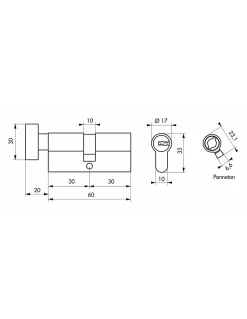 Cylindre de serrure à bouton T2, 30Bx40mm, nickel, anti-arrachement, anti-perçage, anti-crochetage, 5 clés - THIRARD