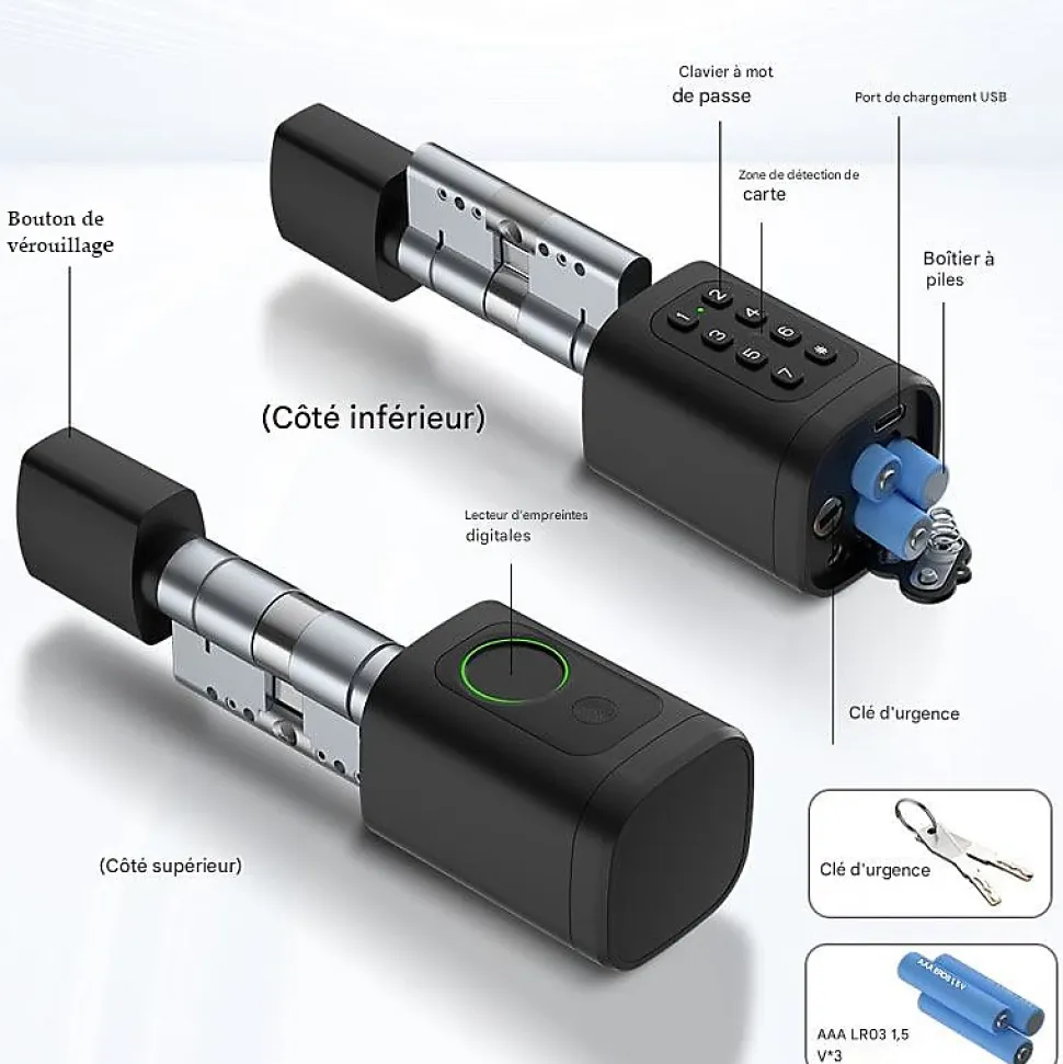 Cylindre Électronique de Serrure Connectée Ouverture Code, RFID & Smartphone