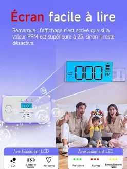 Detecteur de monoxyde de carbone avec alarme 85 dB et led rectangulaire L.12.5 x l.7.5 x H.2.8 cm - HEIMAN