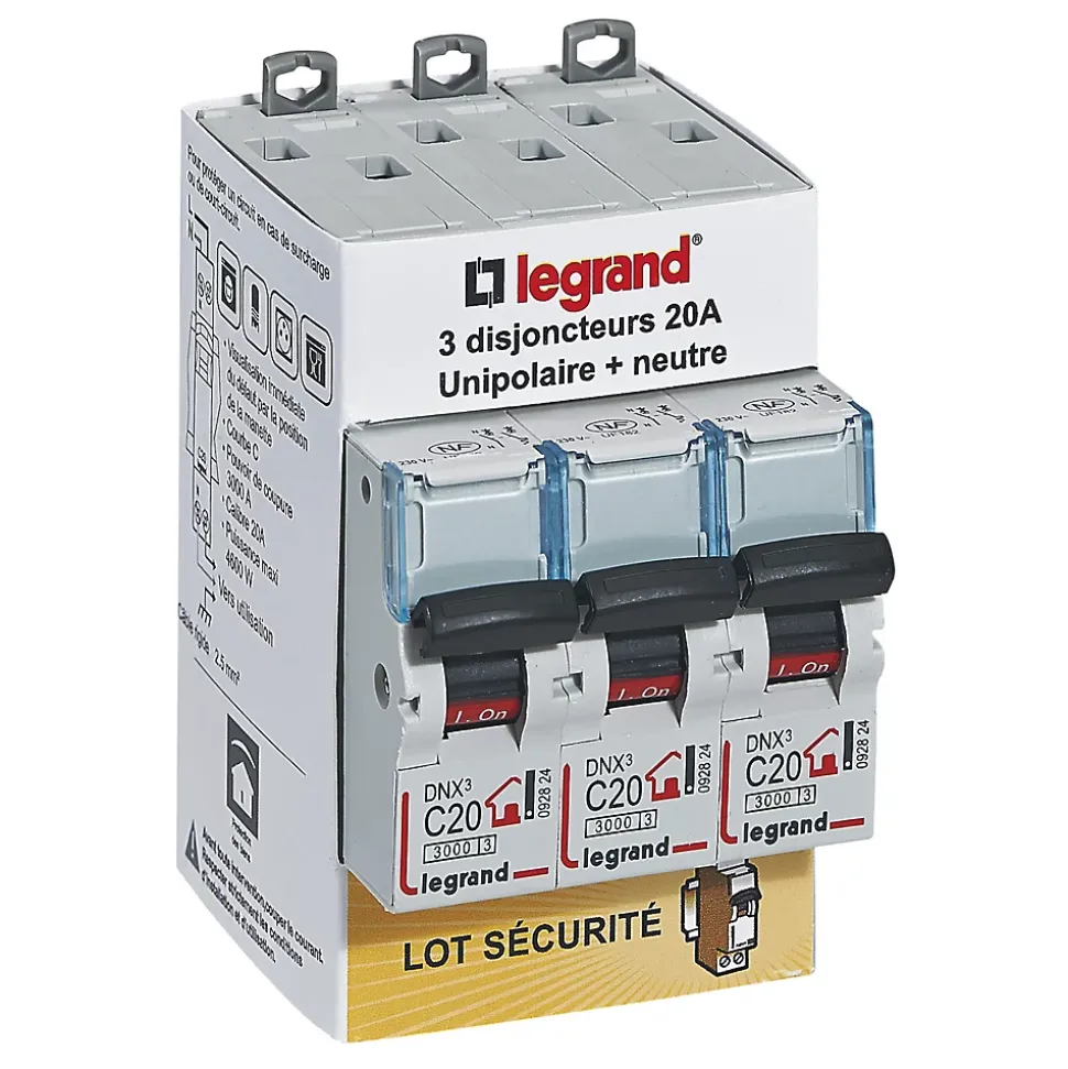 Disjoncteur DNX3 unipolaire + neutre 20A Legrand vendu par 3 pièces