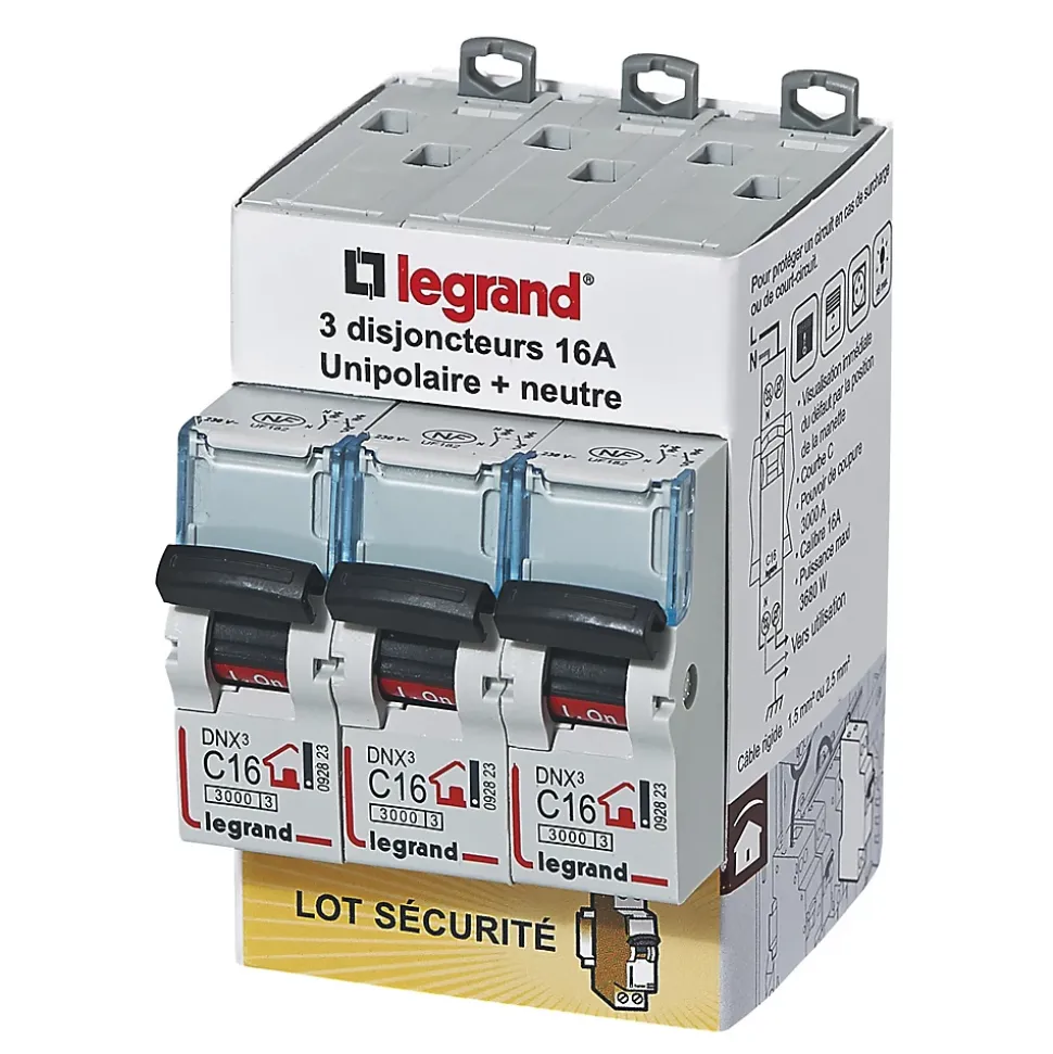 Disjoncteur DNX3 unipolaire + neutre 16A Legrand vendu par 3 pièces