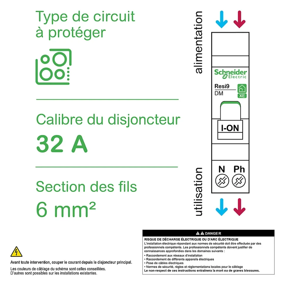 Disjoncteur embrochable courbe C phase + neutre 32A Schneider Electric Resi9 XE