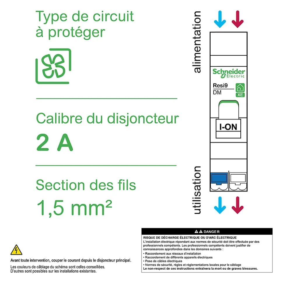 Disjoncteur embrochable courbe C phase + neutre 2A Schneider Electric Resi9 XE