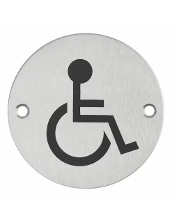 Disque de signalisation WC Handicapé , à visser, inox brossé, marquage noir, diamètre 76mm - THIRARD