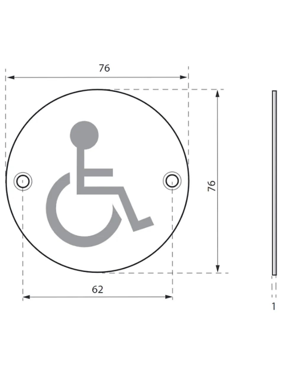 Disque de signalisation WC Handicapé , à visser, inox brossé, marquage noir, diamètre 76mm - THIRARD