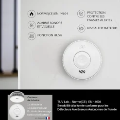 Détecteur de fumée CE EN14604 - Pile 3 ans remplaçable incluse + Kit de fixation magnétique