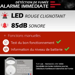 Détecteur de fumée connecté WIFI - CE EN14604 - Pile 10 ans scellée et Kit de fixation magnétique
