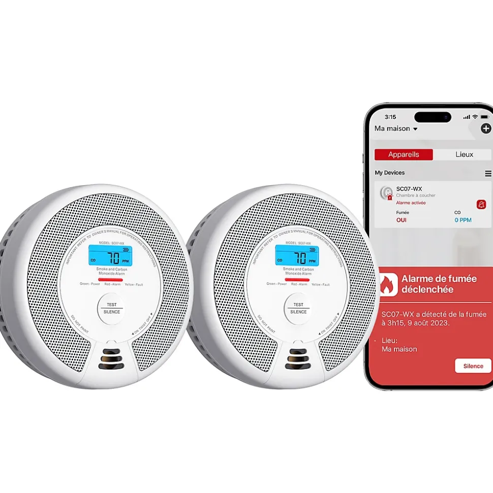 Détecteur Fumée et CO Connecté Wi-Fi Batterie Remplaçable X-Sense SC07-WX Lot 2