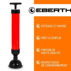 EBERTH Pompe de nettoyage de tuyaux pour un nettoyage efficace des lavabos, douches et baignoires, diamètre de l'embout 90 mm