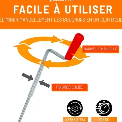 EBERTH Spirale de nettoyage de tuyaux 8m de long et 9mm de diamètre pour tuyaux à partir de 40mm tête en forme de griffe de 20mm