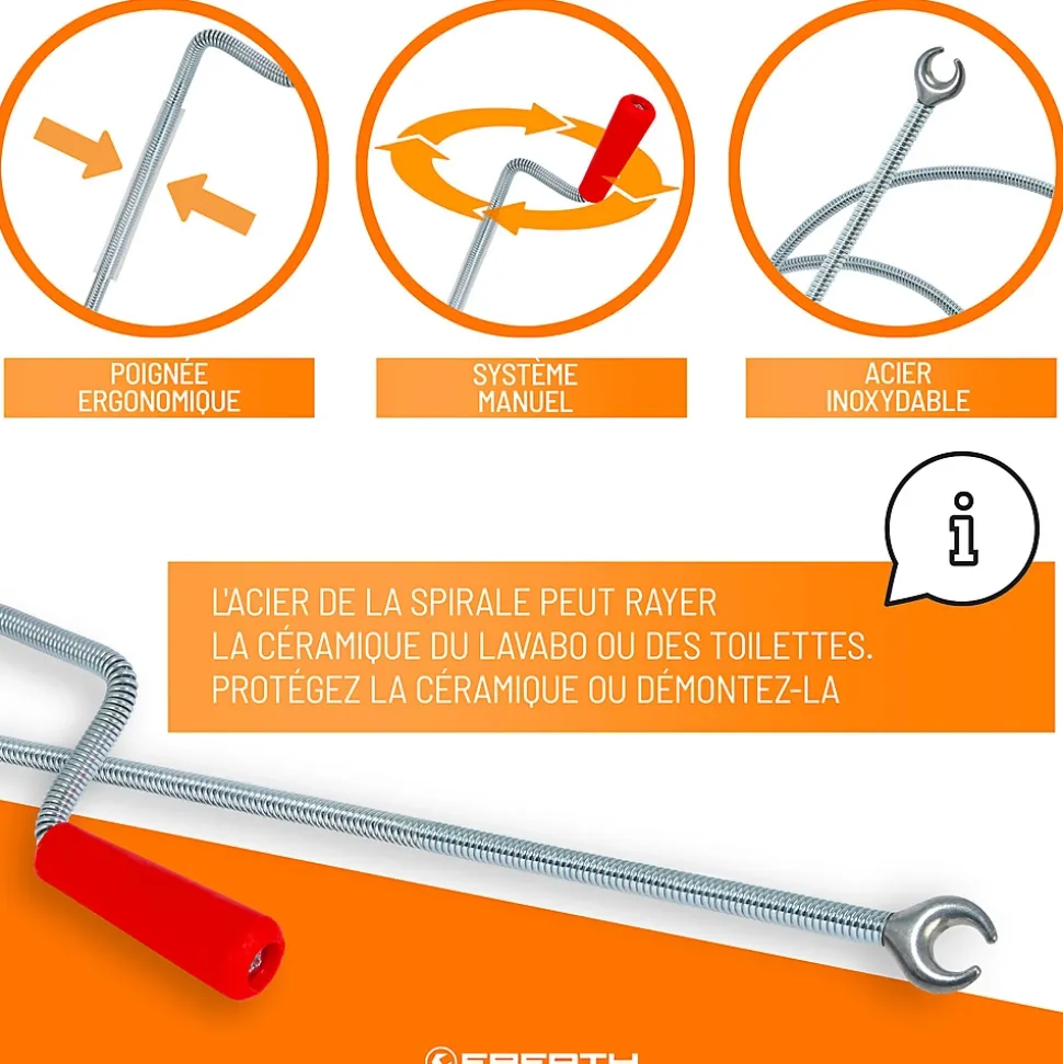 EBERTH Spirale de nettoyage de tuyaux 8m de long et 9mm de diamètre pour tuyaux à partir de 40mm tête en forme de griffe de 20mm