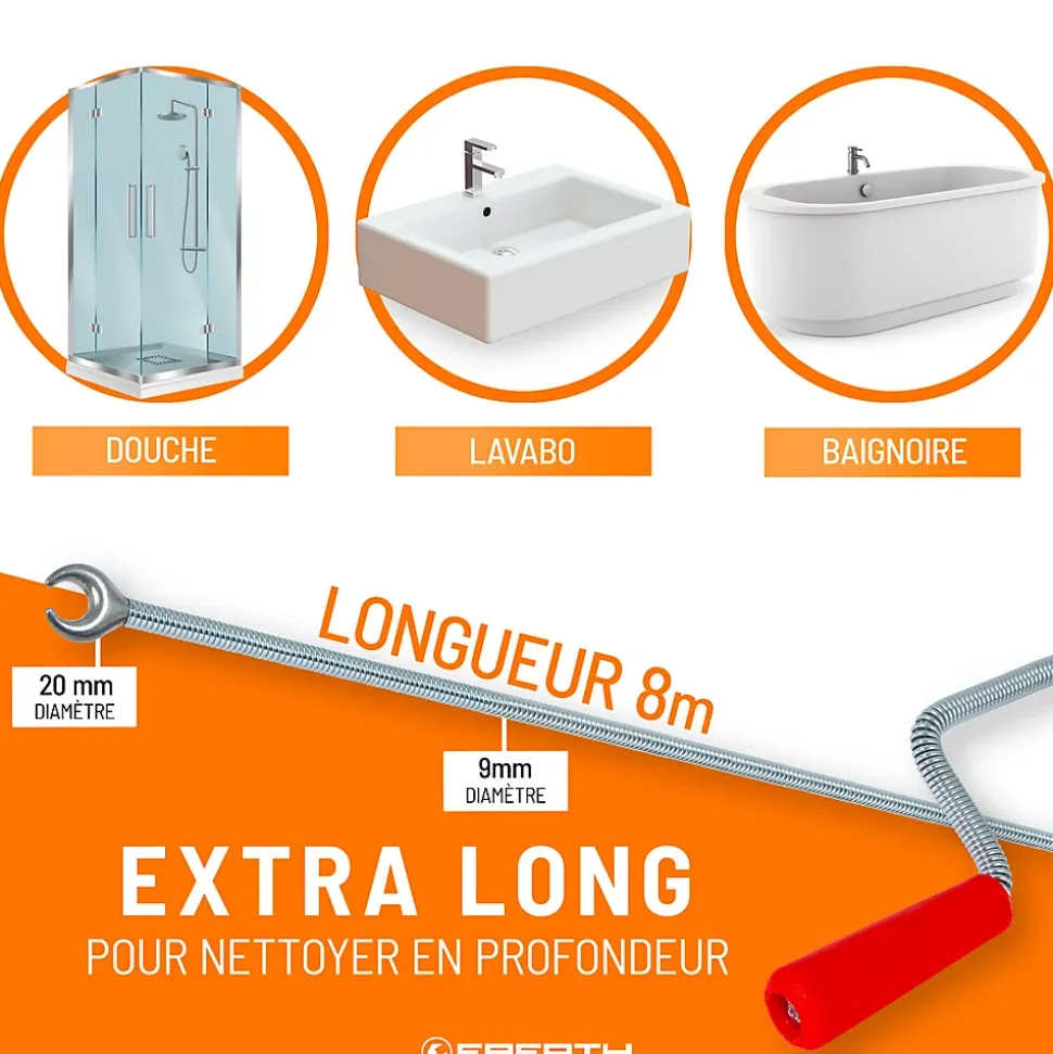 EBERTH Spirale de nettoyage de tuyaux 8m de long et 9mm de diamètre pour tuyaux à partir de 40mm tête en forme de griffe de 20mm