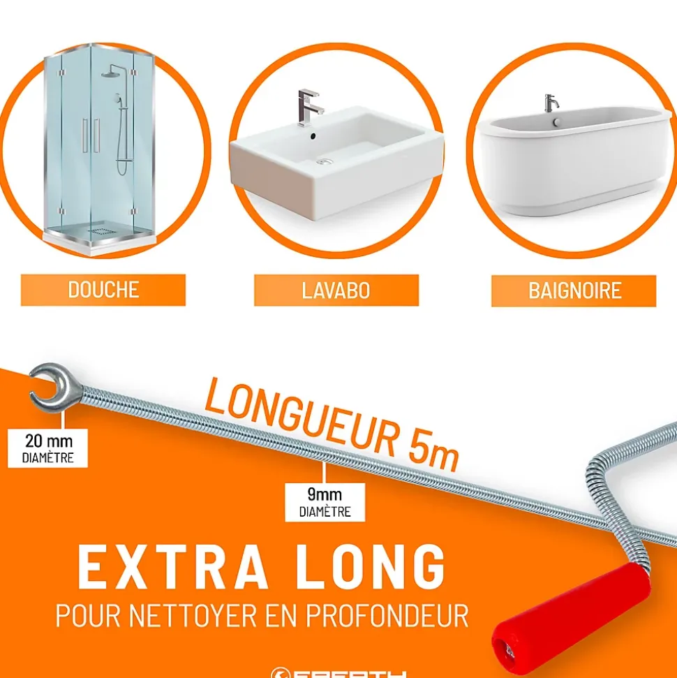 EBERTH Spirale de nettoyage de tuyaux 5m de long et 9mm de diamètre pour tuyaux à partir de 40mm tête en forme de griffe de 20mm