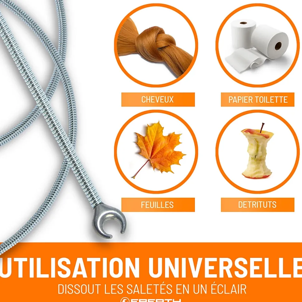 EBERTH Spirale de nettoyage de tuyaux 5m de long et 9mm de diamètre pour tuyaux à partir de 40mm tête en forme de griffe de 20mm