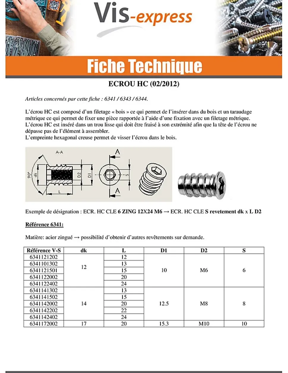 Ecrou Clé de 6 HC6 M6 12X20 Acier zingué - 500 pièces