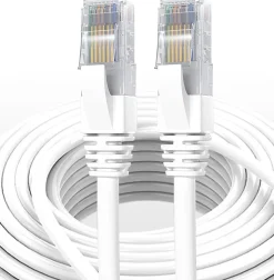 Elfcam - Câble Ethernet RJ45 Cat 7 SFTP 15m (Rond Blanc), 10Gbps, 600MHz, Cuivre, Anti-Interférences