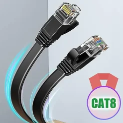 Elfcam - 15m Câble Ethernet Cat 8 Plat Noir LAN/WAN, SFTP 28AWG, 2000MHz 40Gbps avec Connecteurs RJ45 Haute Qualité
