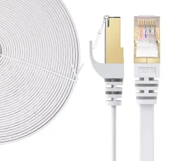 Elfcam - 5m Câble Ethernet RJ45 Cat7 Flat Blanc, 10Gbps 600MHz, Cuivre, SFTP, Anti-Bruit, PC, Modem, Routeur