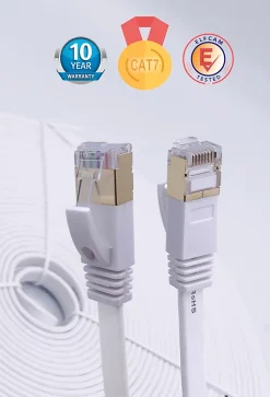Elfcam - 12m Câble Ethernet RJ45 Cat7 Flat Blanc, 10Gbps 600MHz, Cuivre, SFTP, Anti-Bruit, PC, Modem, Routeur