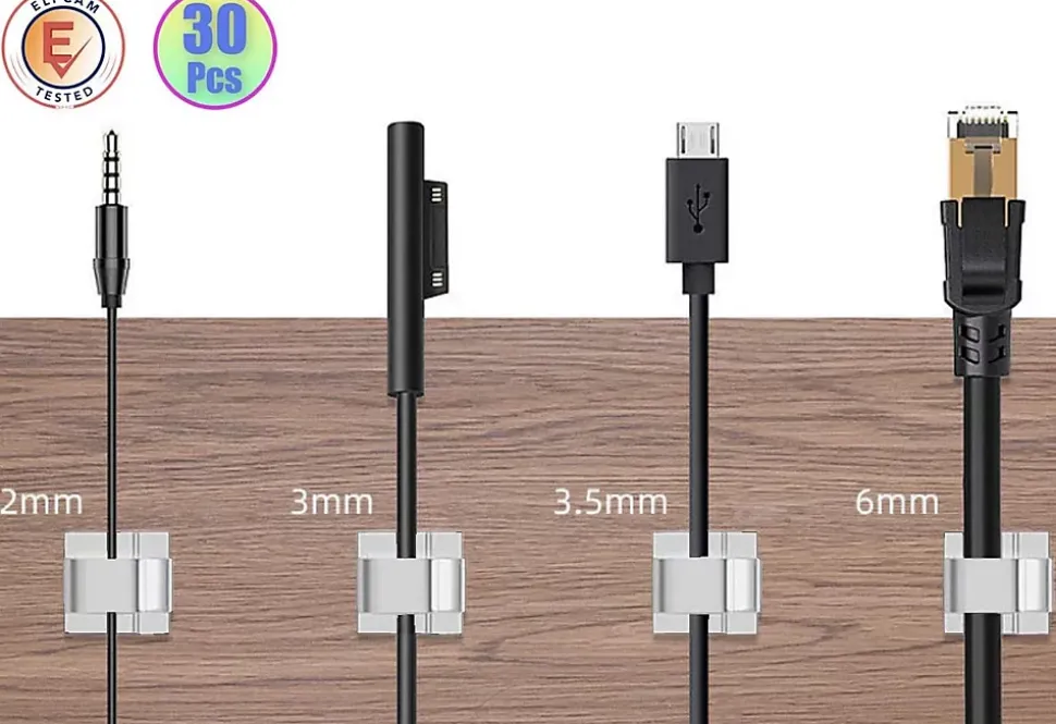 Elfcam - 30x Clips Câble Adhésif Ethernet, Blanc 8.0mm, Maison/Bureau, Attache Fil (Lot de 30)