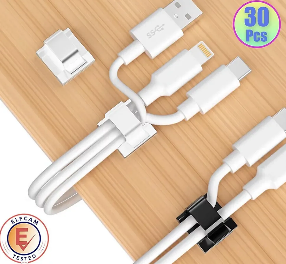Elfcam - 30x Clips Câble Adhésif Ethernet, Blanc 8.0mm, Maison/Bureau, Attache Fil (Lot de 30)