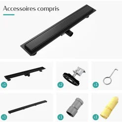 EMKE Caniveau de Douche 60 cm, Acier Inoxydable, Siphon de Sol 2 en 1 avec Filtre à Cheveux, Finition Noire
