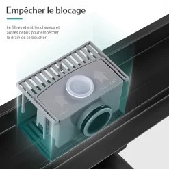 EMKE Caniveau de Douche 60 cm, Acier Inoxydable, Siphon de Sol 2 en 1 avec Filtre à Cheveux, Finition Noire