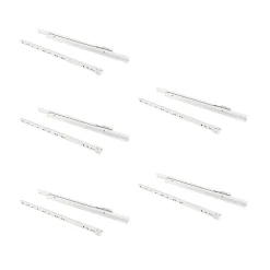 Emuca Lot de 5 jeux de coulisses a roulettes pour tiroir T30, drop lock, longueur 550mm, sortie partielle, Acier, Blanc