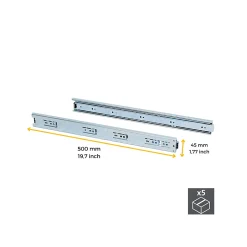 Emuca Lot de 5 jeux de glissières de tiroirs, roulement à billes, hauteur 45mm, profondeur 500mm, sortie totale, zingué
