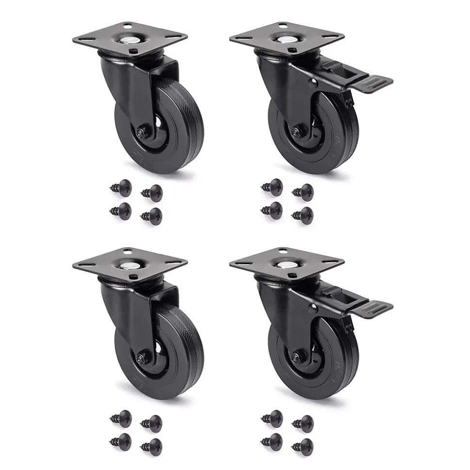 Emuca Lot de 4 roulettes Black avec plétine de montage, diamètre 75mm, Plastique et Acier, Noir