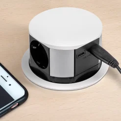 Emuca Multiconnecteur Vertikal Push diamètre 100mm, 3 prises de type Schuko, 1 USB type A, 1 USB type C, Acier et Plastique, Peint