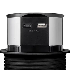 Emuca Multiconnecteur Vertikal Push diamètre 100mm, 3 prises de type Schuko, 1 USB type A, 1 USB type C, Acier et Plastique, Peint