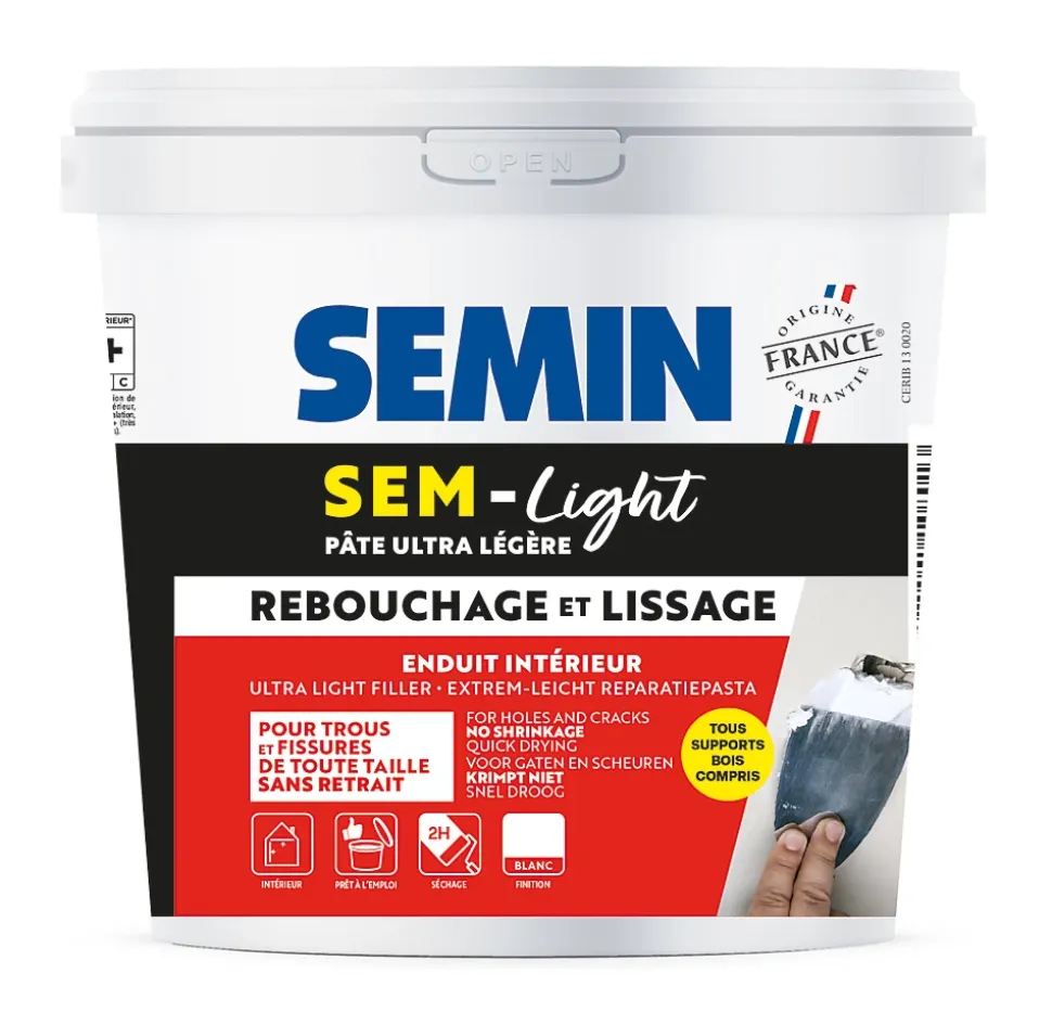 Enduit de Rebouchage Allégé pour Trous et Fissures Importants, Sem-Light Semin, Intérieur, Seau de 5 L