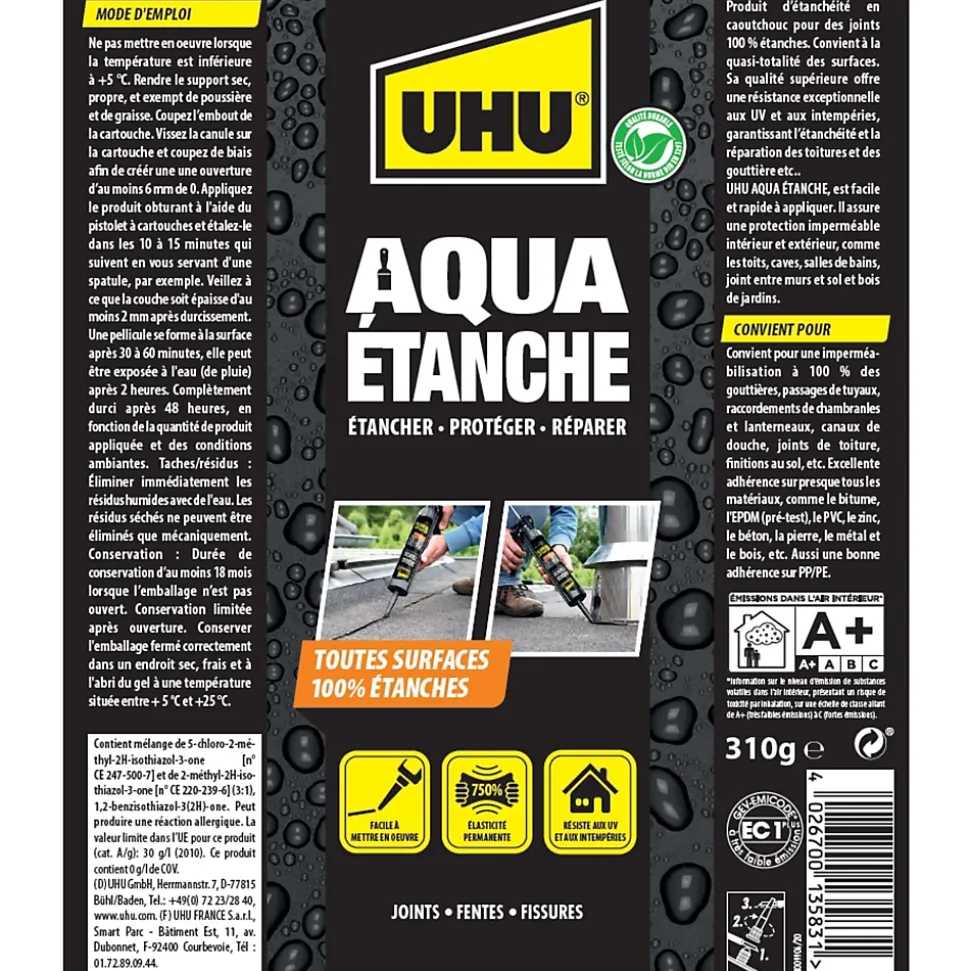 Enduit d'étanchéité noir UHU Aqua étanche cartouche de 310g