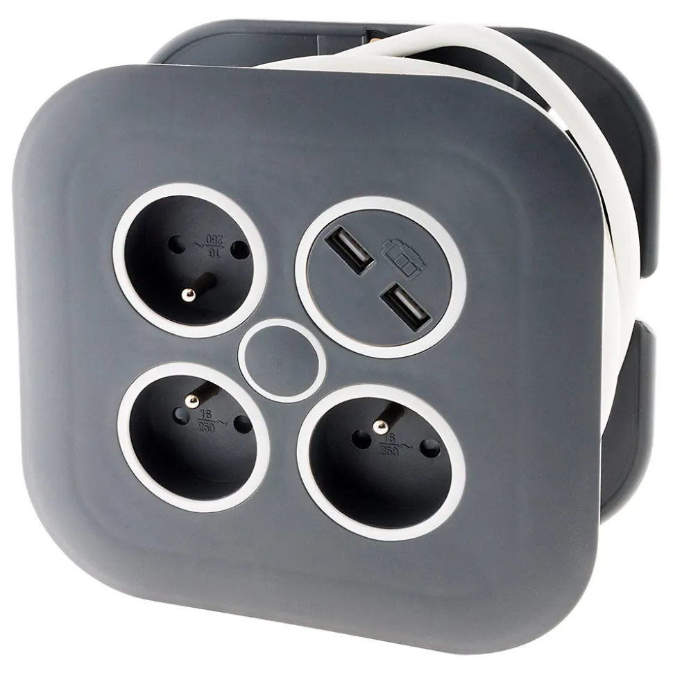 Enrouleur 3 x 2P+T + 2x USB - 7m - noir - Zenitech