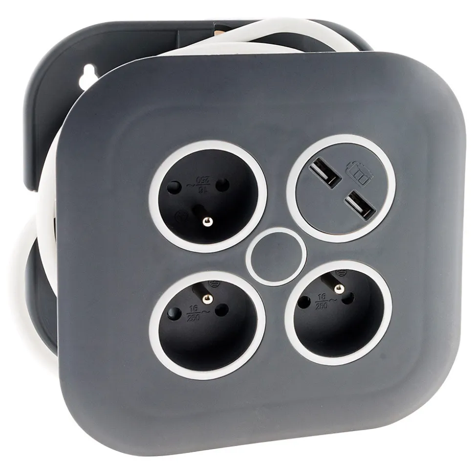 Enrouleur 3 x 2P+T + 2x USB - 7m - noir - Zenitech