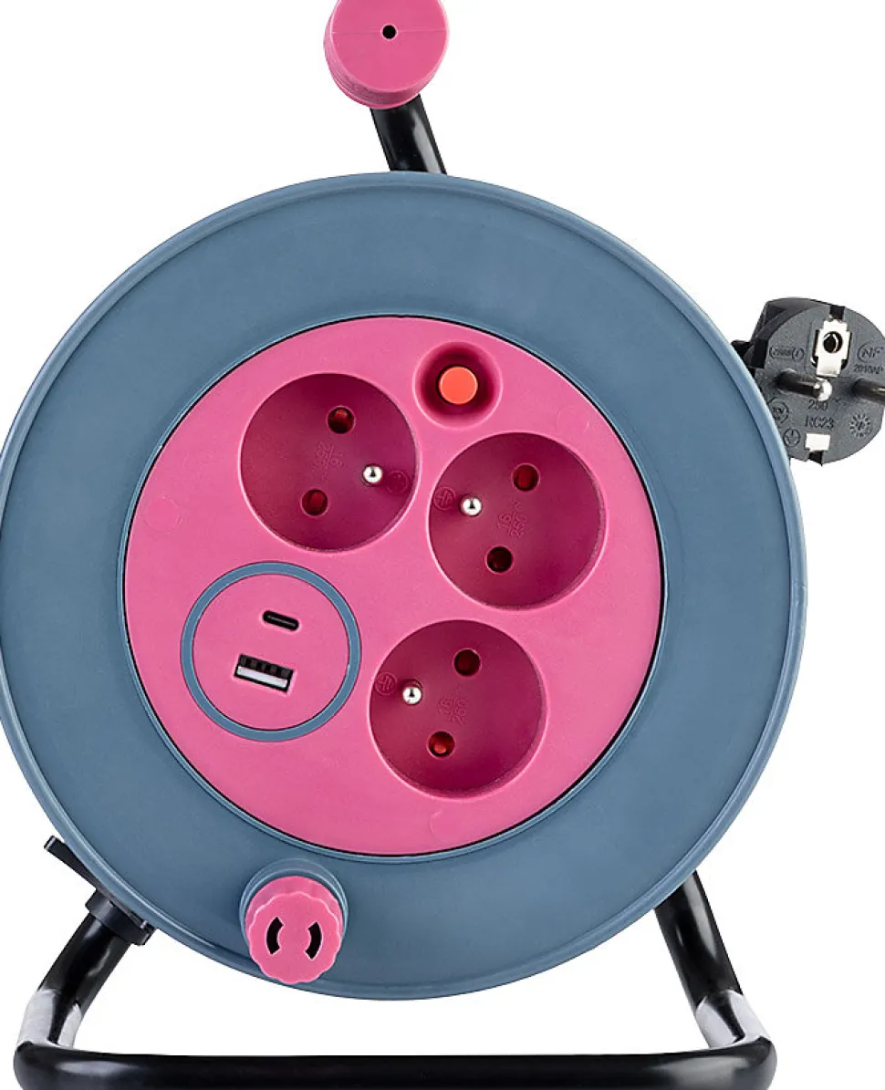Enrouleur bricolage 3 prises + 2 USB-A/C - Rose - Zenitech