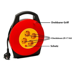 Enrouleur de câble domestique 4 prises Schuko standards, câble H05VV-F3G1.0MM2, 10M ,CE