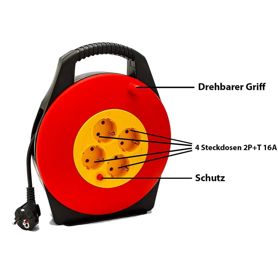 Enrouleur de câble domestique 4 prises Schuko standards, câble H05VV-F3G1.0MM2, 10M ,CE