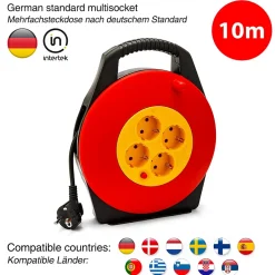 Enrouleur de câble domestique 4 prises Schuko standards, câble H05VV-F3G1.0MM2, 10M ,CE