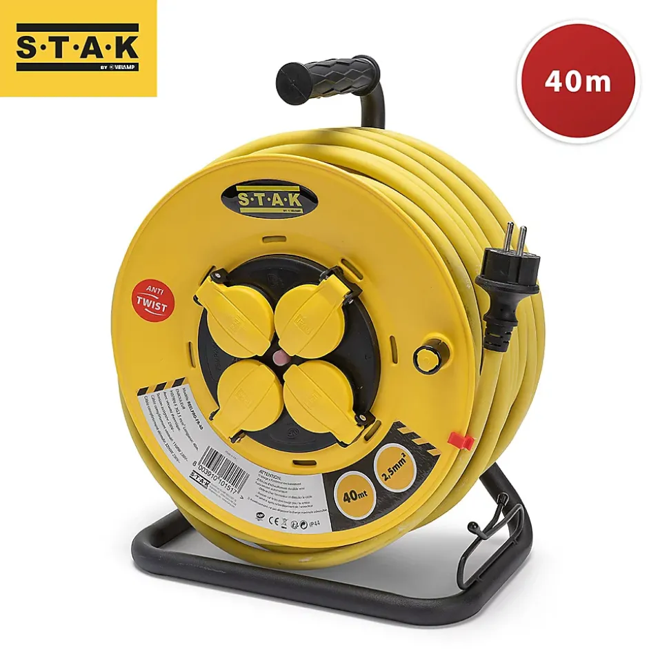 Enrouleur de chantier, 4 prises, 3G2.5, 40 mètres , NF, IP44. Platine fixe et guide cable