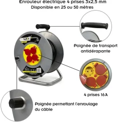 Enrouleur électrique 4 prises 16 A - IP20 - câble H05VV-F 3G 2,5 mm² 50 m