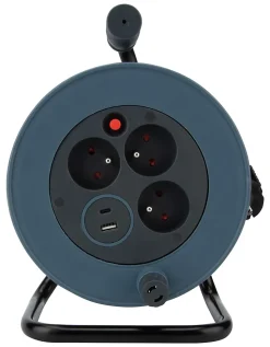 Enrouleur 12m 3 prises + 2USB - gris - Zenitech