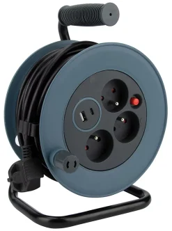 Enrouleur 12m 3 prises + 2USB - gris - Zenitech
