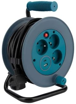Enrouleur 12m 3 prises + 2USB - bleu - Zenitech