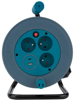 Enrouleur 12m 3 prises + 2USB - bleu - Zenitech