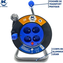Enrouleur 25M 3G1.5 IP20 avec 4 Prises à Clapet, Robuste et Idéal pour Usage Intensif en Intérieur