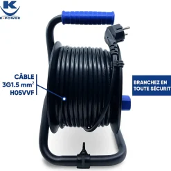 Enrouleur 15M 3G1.5 IP20 avec 4 Prises à Clapet, Robuste et Idéal pour Usage Intensif en Intérieur