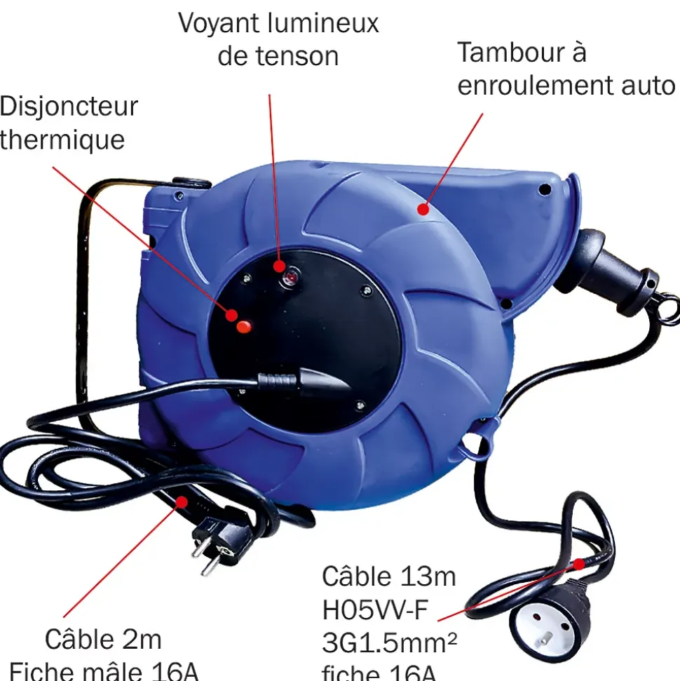 Enrouleur mural auto 15m 3G1.5 avec voyant + disjoncteur thermique - garantie 2 ans